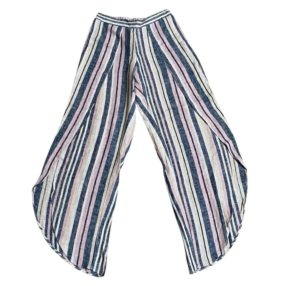 Drew Whitney Striped Linen Wide Leg Split Pants Anthropologie Small